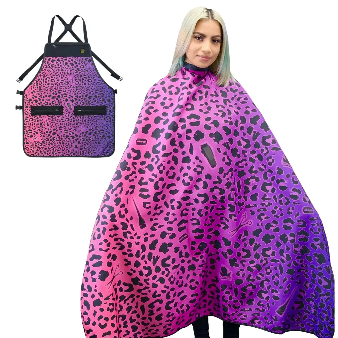 Paintball Adjustable Leopard Print Barber Cape-and-Apron Set, One Size Fits Most Lightweight Design with Zipper Pocket, Snap Closure, Anti Fatigue Cross-Back Strap System, Full-Length Client Coverage
