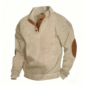 Men's Casual Stand Collar Long Sleeve Henley Shirt - Solid color, half-button design, suitable for all-season outdoor and everyday wear, regular fit, textured sweater fabric.