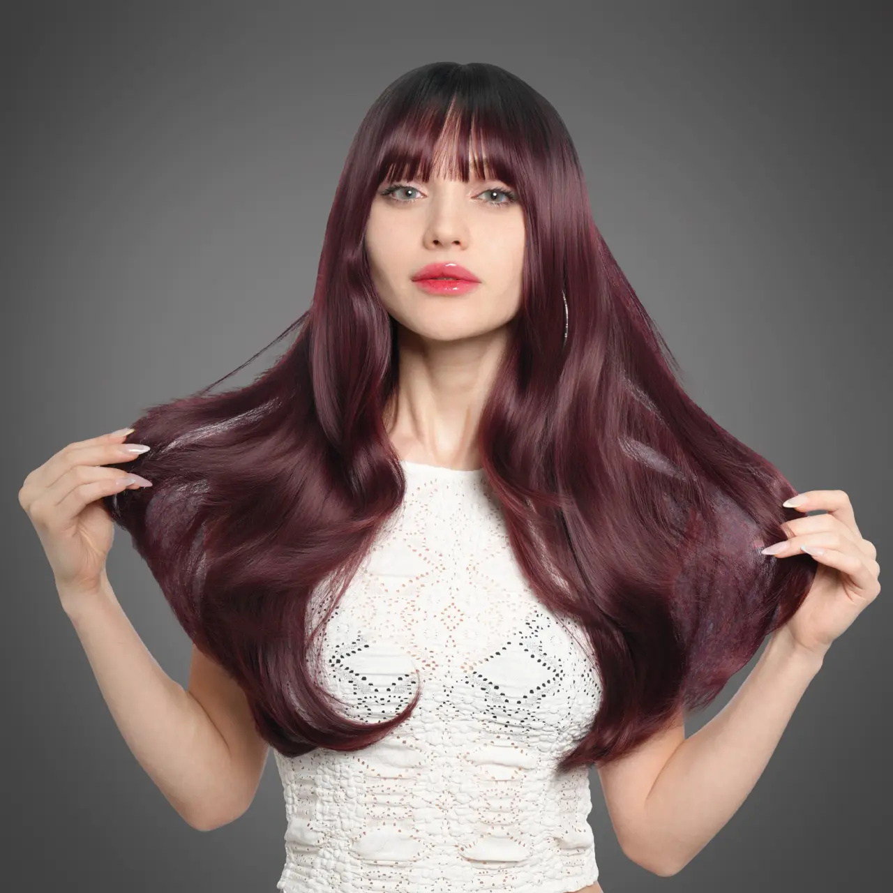 25-Inch Dark Cherry Burgundy (Black Roots) Natural Undone Waves Synthetic Wig | 【Heat Resistant】【Cap Included】 | #13 @38 41FSGB