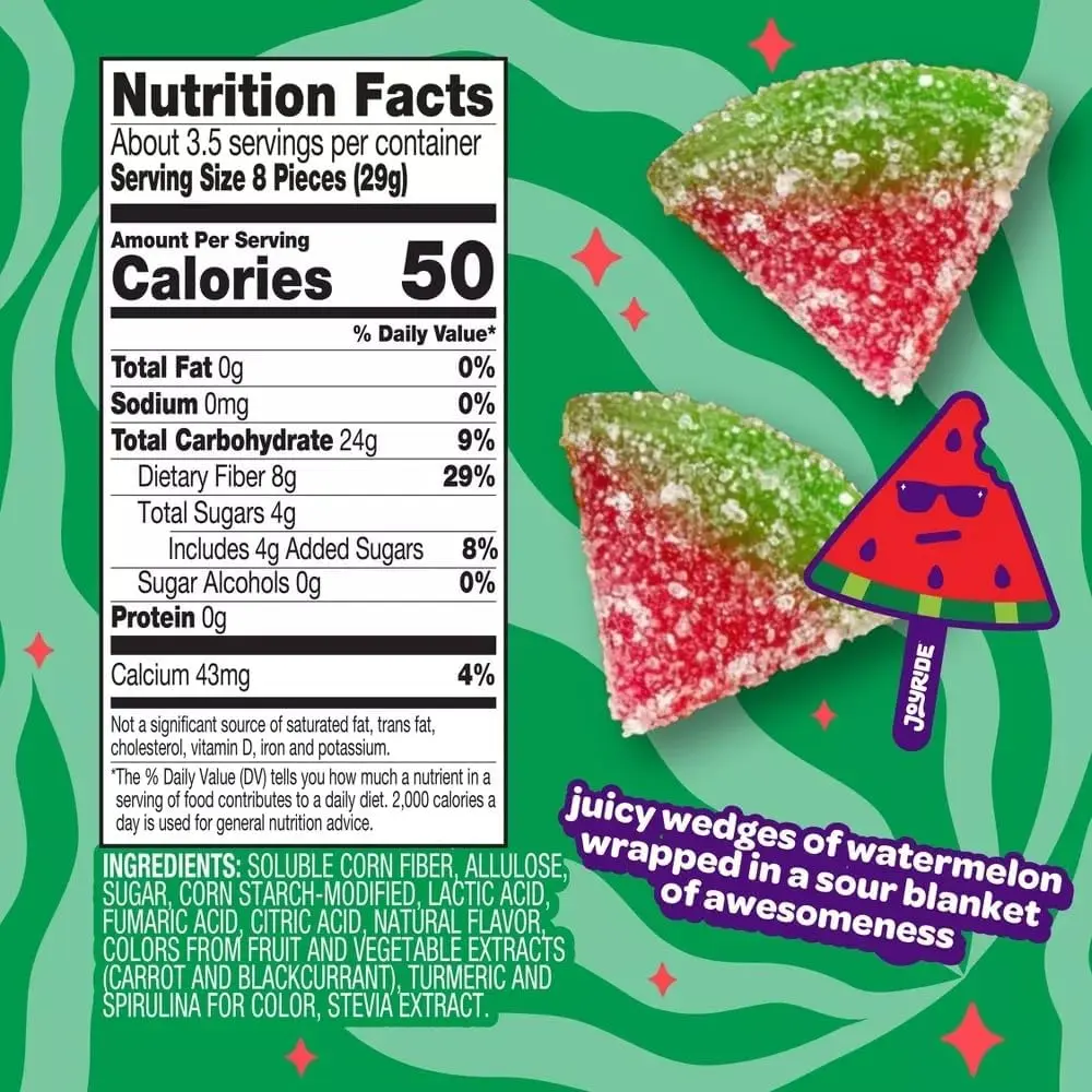 Joyri Sweets Candy Sour Watermelon Wedges 3.5oz, 80% Less Sugar - 3.5oz, Gummy Strips, Gummy candy strips, Candy Belts, Sour Candy Strips.