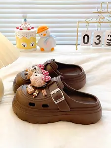 Spring Cute Casual Cartoon Thick Sole Hole Shoes Footwear for Women, Detachable Plush Bear Decoration Sandals, 5cm Height Increase, Eva Non-Slip Slippers