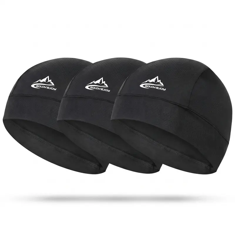 3-Pack Men's Biker Cap, Ice Silk Mesh Helmet Liner with Mountain Graphic, UPF 50+ Cooling Sun Cap, Breathable Quick Drying Hat for Running & Cycling, Skull Cap