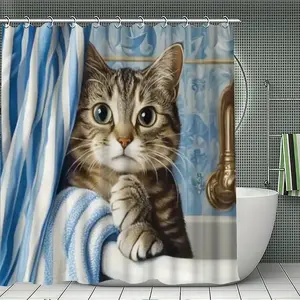 1/4pcs Curious cat design, cute cat in the bathtub shower curtain set, festive design, non-slip floor mat, U-shaped carpet, toilet cover, perfect for bathroom decoration, partition, beautify the space, free 12 shower curtain hooks, Bathroom Supplies