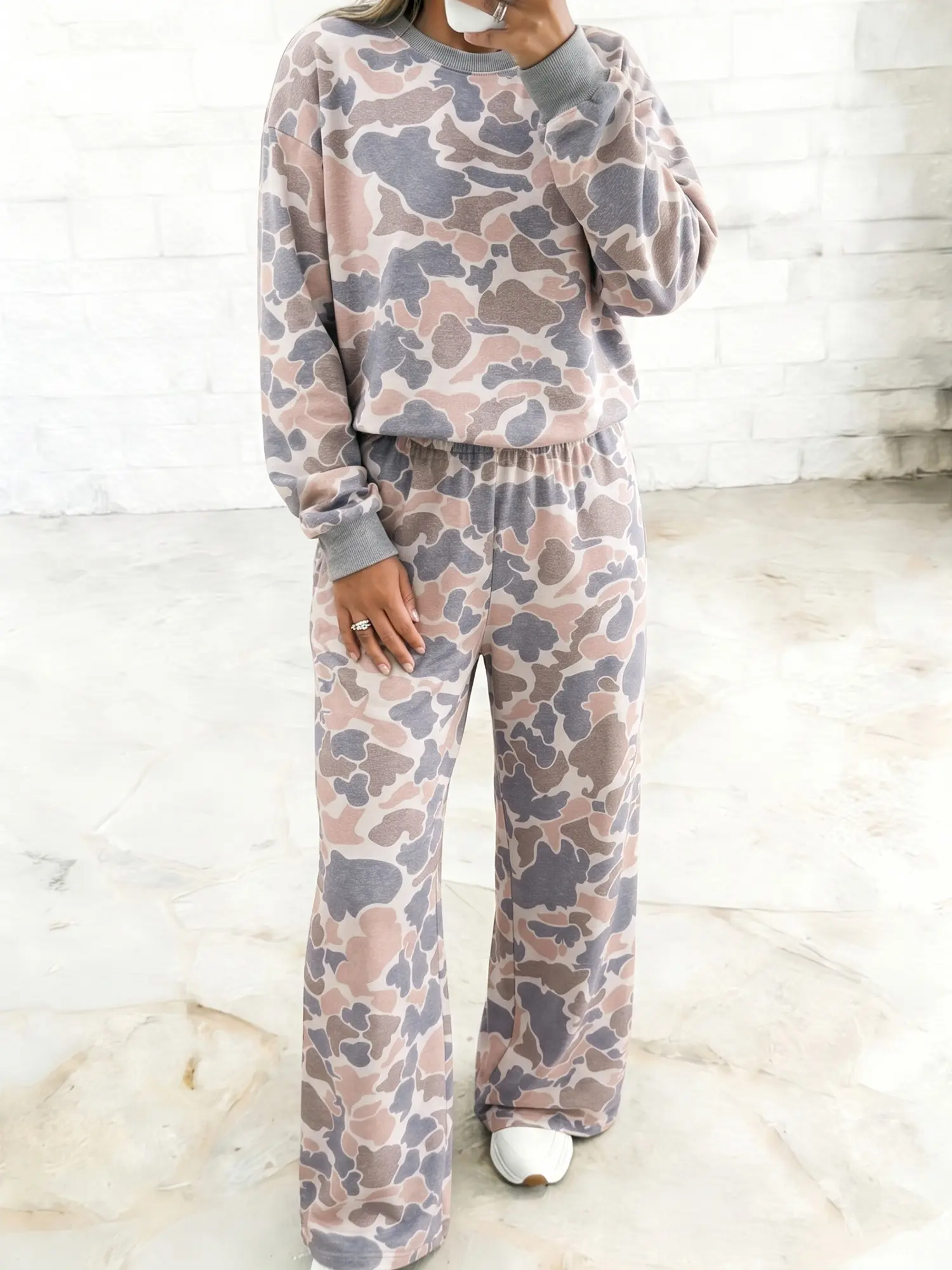 Women's Multicolour Camo Print Two Piece Set Casual Long Sleeve Shift Top High Elastic Waist Pants Everyday Streetwear Suit