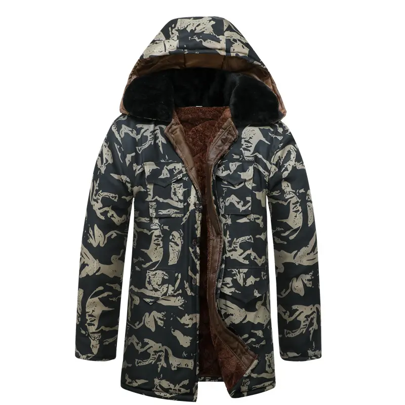 Men's Winter Camouflage Cotton Cargo Coat - 70-90cm Mid-Length Long-Sleeve Fleece-Lined Thermal Thick Water-Resistant Workwear with Fur Trim, Drawstring, Pockets, Zippers, for Construction Sites, Outdoor Use, Jackets, Menswear, Coats