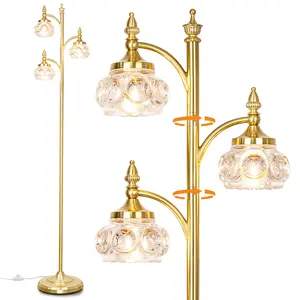 Adjustable Brass Tall Tree-Style Floor Lamp, 66.5 inches tall, featuring 3 swiveling heads with glass shades. Modern decor suitable for living rooms, bedrooms, offices, studies, and corner spaces.