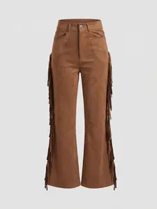 Western Cowgirl Aesthetic High Waisted Brown Faux Suede, Side Fringe Detail Flattering Fit, Flare Pants, Womenswear, Country Concert Nashville Trip Outfit