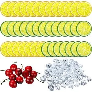 130 Pieces Fake Lemon Slice Ice Cubes Set, Include 20 Simulation Lemon Slice Fake Lemon Slices Fake Fruit, 100 Acrylic Fake Ice Cube, 10 Artificial Simulation Cherries for Wedding Kitchen Decoration Decorative Plants