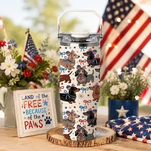 1 Pc 30oz Dachshund Dog Theme Thermal Mug, Patriotic Stars & Stripes and Bow Print, Double Wall Insulation, Leak-Proof Design, Keeps Hot for 12 Hours & Cold for 24 Hours, Perfect for Independence Day, Pet Lovers, Birthdays, Office, Travel, Daily Use