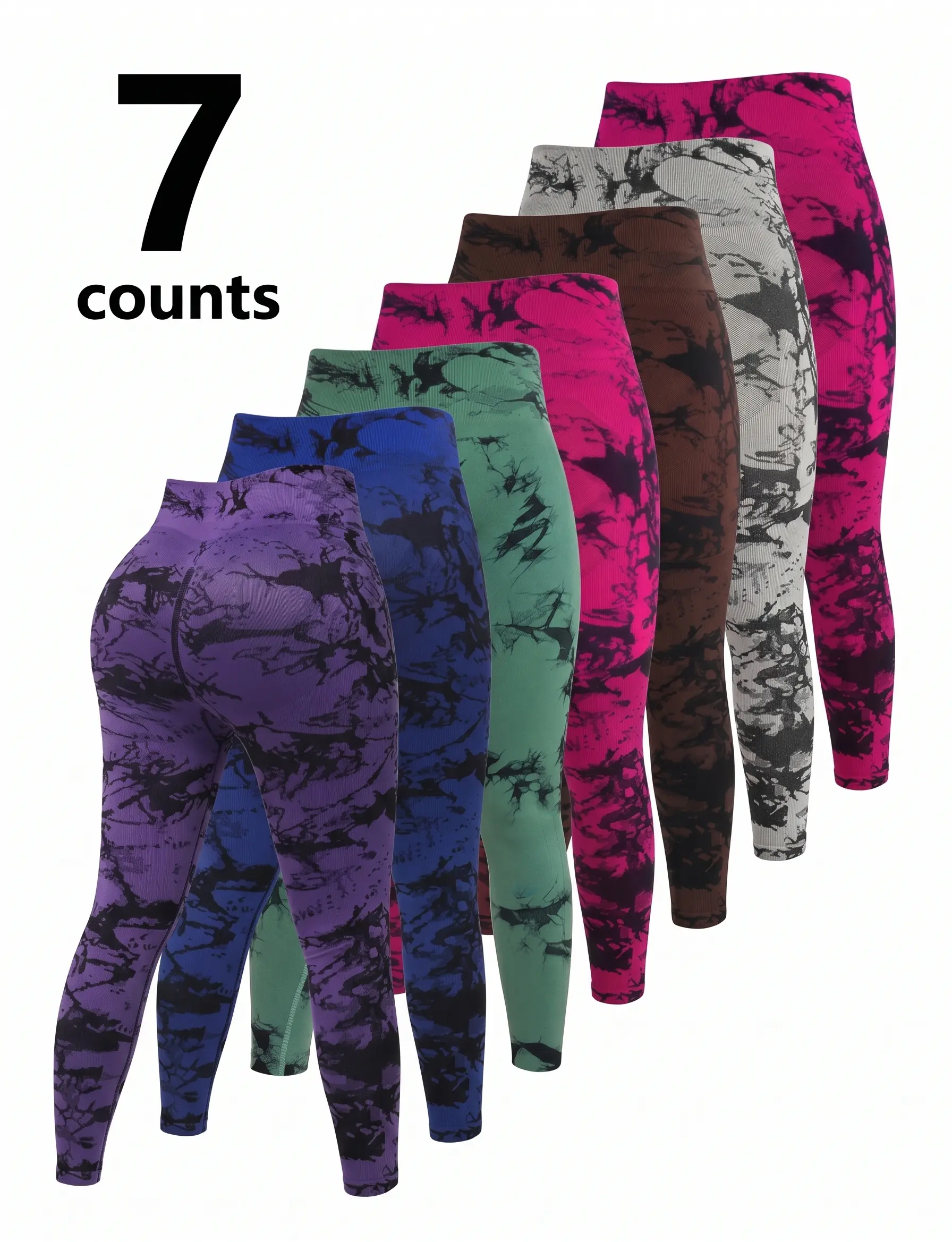 Women's 7Pcs Tie-Dye Seamless Yoga Leggings - High-Waisted, Tummy Control, Comfy Belly Tightening Body Slimming Butt-Lifting Colorful Patterned Gym Activewear Pants, Belly Tightening Leggings, Body Slimming Leggings