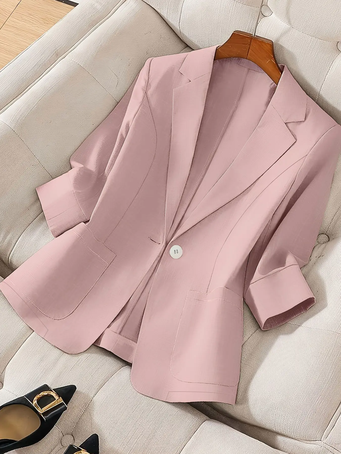 Plus Size Women's Plain Thin Elegant Office Wear Chic Minimalist Fashion Blazer, Seven-Quarter Sleeve Classic Lapel Double Pocket Design, Suitable for Spring Summer Daily Commute Outdoor Wear