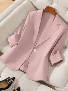 Women's Plain Thin Fashion Jacket, Seven-Quarter Sleeve Classic Suit Collar Dual Pocket Design, Suitable for Spring Summer, Daily Commute Outdoor Wear