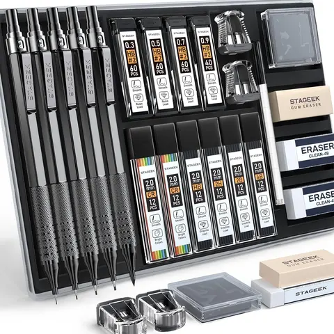 STASGEEK 21-Pieces Multi-Tip Metal Mechanical Pencil Set - 0.3/0.5/0.7/0.9/2.0 mm Lead Holders, 2 Tubes 12-Color Leads, 10 Tubes 2B/2H Graphite Refills, Eraser, Case - Writing Tools for Drafting, Sketching, Office Stationery Supplies