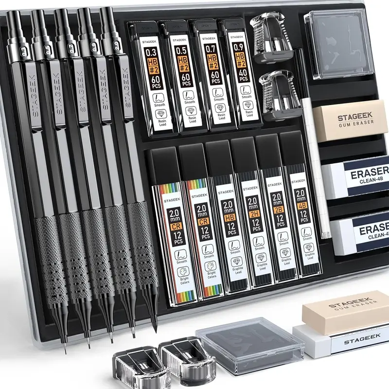STASGEEK 21-Pieces Multi-Tip Metal Mechanical Pencil Set - 0.3/0.5/0.7/0.9/2.0 mm Lead Holders, 2 Tubes 12-Color Leads, 10 Tubes 2B/2H Graphite Refills, Eraser, Case - Writing Tools for Drafting, Sketching, Office Stationery Supplies