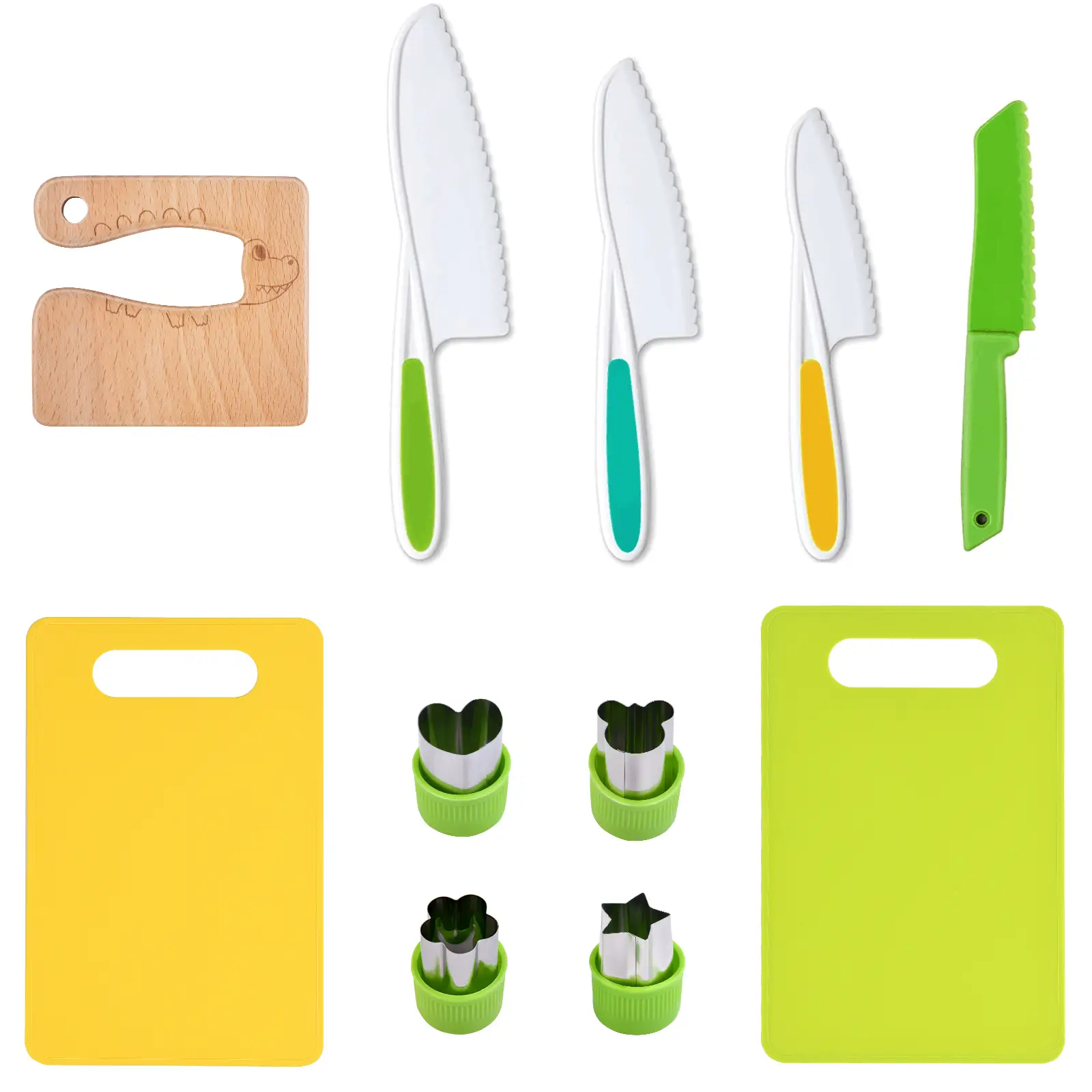 Yeeammk 11-Piece Montessori Kids Knife Set for Real Cooking, 11 PCS Child Pretend Play Cooking Toy Set with Fruit Bread Cake Knives Cutting Boards Sa