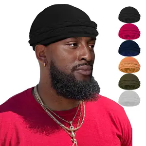 Satin Lined Halo Turban for Men & Women - Pre-Tied Handmade Durag Skull Cap Beanie with Braids Tail - Perfect Sleeping Bonnet for Hair Care Black