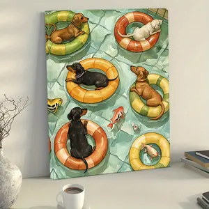 1pc Wooden Framed Canvas Painting - Cute Dogs Floating in Pool with Rings, Contemporary Modern Wall Art for Living Room, Kids' Room, Home Office Decor, 30x40cm/12x16inch, Dog Pictures Wall Decor, Kids Room Artwork, Quality Ring Design, Playful Design, Dur