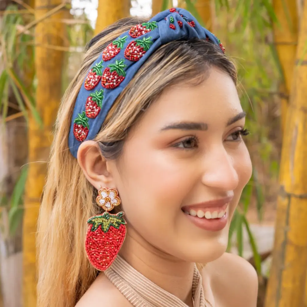 Hand Beaded Strawberry Denim Knot Headband