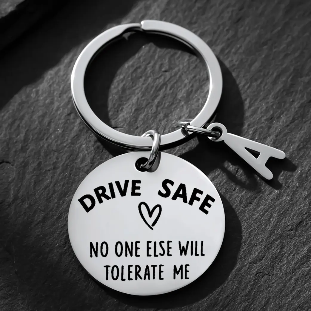 Drive Safe Engraved Message Keychain - Customizable Name, Initials, Circular Pendant, Hangable - Valentine’s Day Christmas Birthday Gift for Boyfriend Husband, Initials Keychains, Customizable Name Keychains
