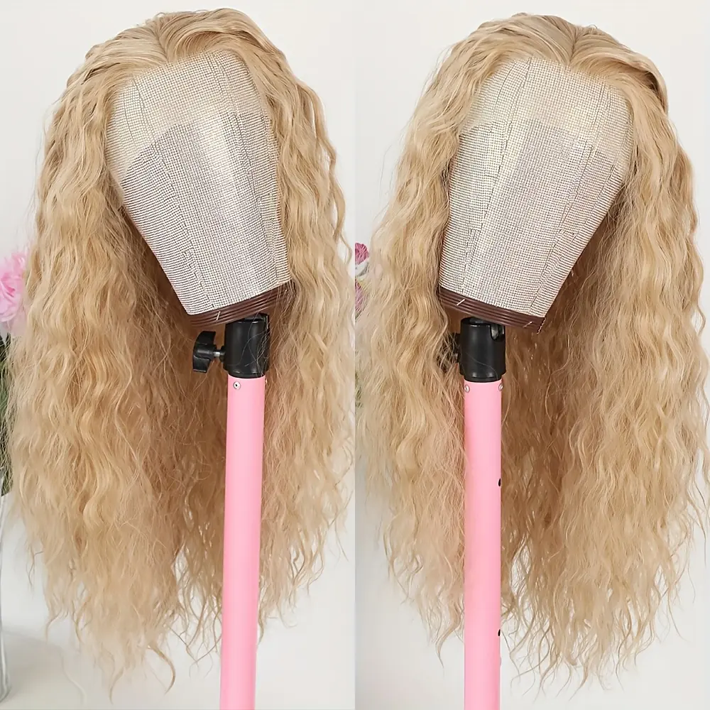 Blonde Water Wave Lace Front Wig for Women Glueless Synthetic Curly Wig Pre Plucked Haie Line Free Part Wig 26 Inch Long Wig for Party Cosplay Daily Use