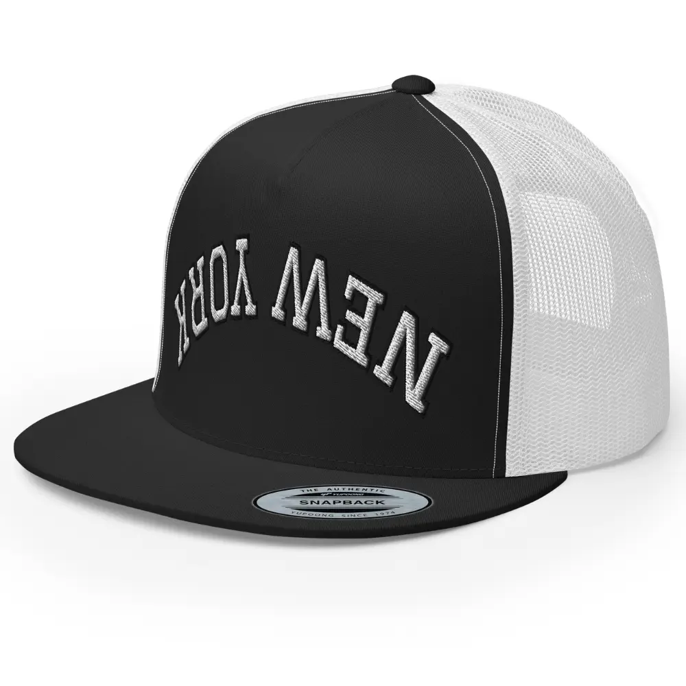 RIVEMUG NX New York Upside Down Embroidered Flat Bill Trucker Hat High Crown Adjustable Cap