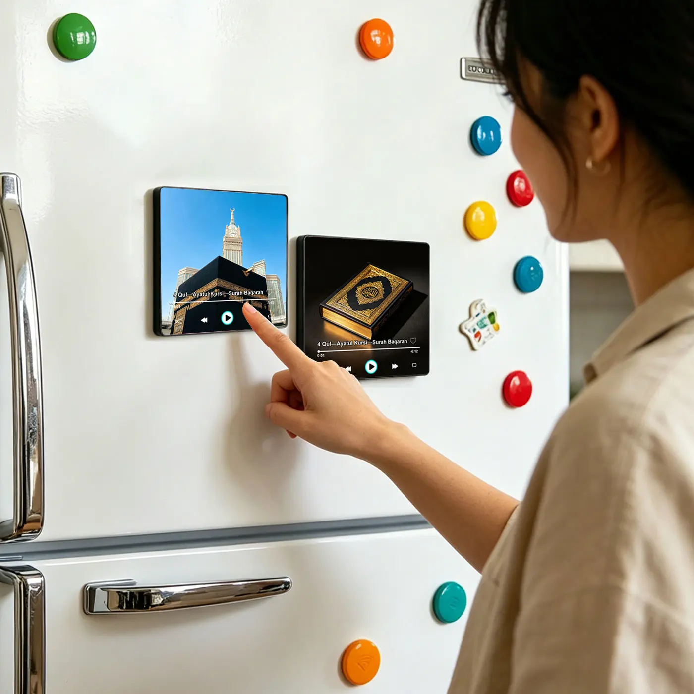 Acrylic Islamic Quran Player Fridge Magnet with Bluetooth Speaker, Wireless Surah Recitation Audio, Mini Magnetic Music Box for Kitchen, Anniversary Gifts for Family, Compatible with Smartphones or Tablets, Spiritual Ramadan/Eid Decor