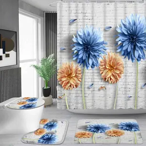 1/4 piece blue-orange dahlia brick wall pattern shower curtain set, waterproof shower curtain with 12 hooks, non-slip bathroom carpet, toilet U-shaped cushion, toilet seat cover cushion, bathroom shower curtain set, perfect moving gift.
