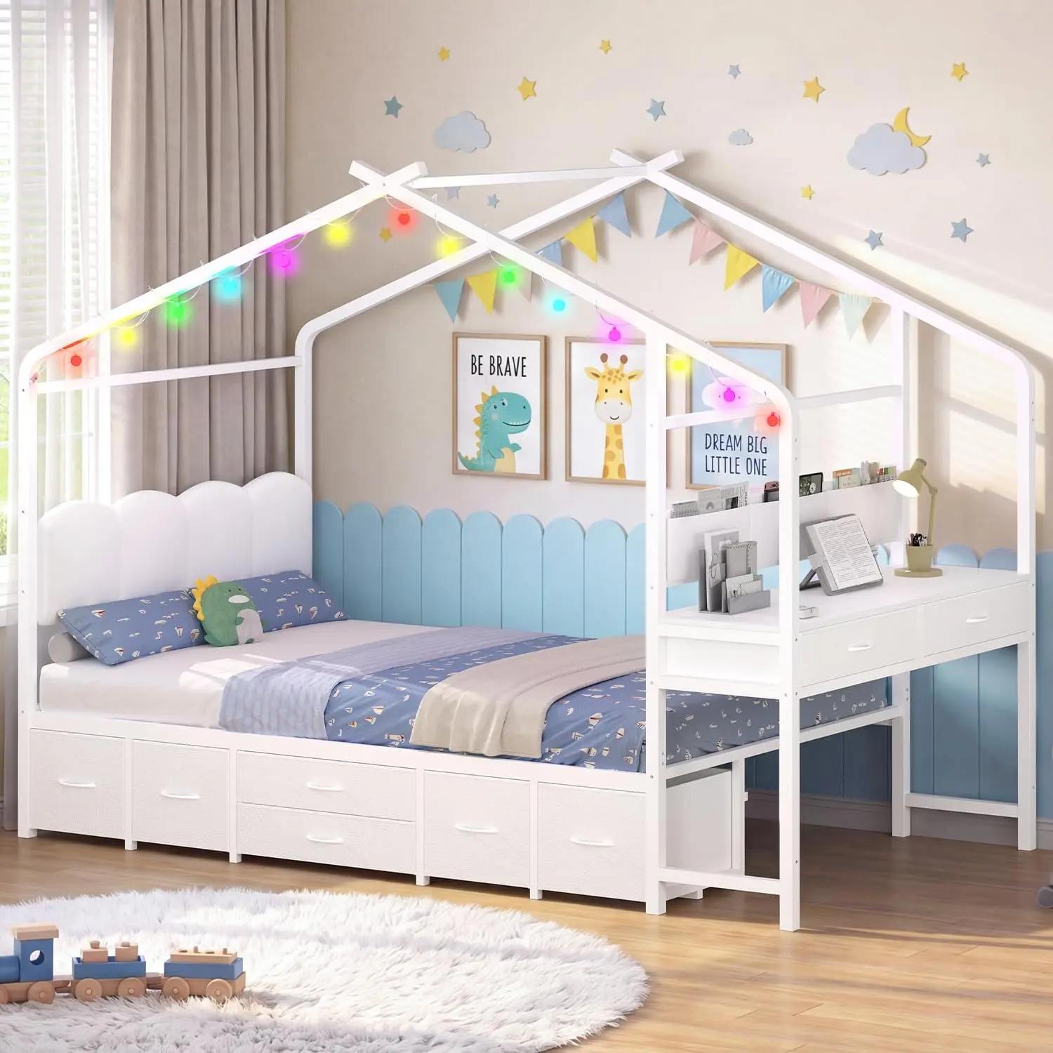 ADORNEVE White Twin Kids Bed Frame - All-in-1 Design Space-Saving Indoor Furniture with Desk, Globe String Lights, Unique Roof Frame, 8 Storage Drawers, Installation Manual, for Apartment Bedrooms, Guest Rooms, Easy Assembly