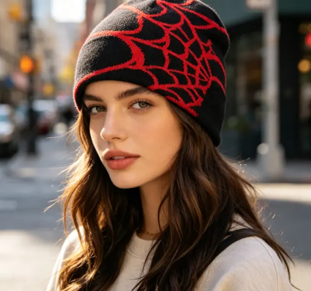 Spider Web Knit Beanie Hat - Y2K Gothic Skullcap, Warm Winter Sports & Outdoor Streetwear Cap