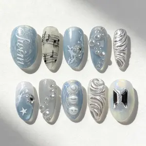 jasonj.nail BTS Swim Press-On Nails, Blue Wave Gradient with Sea Detail, Concert Visual Theme, Summer Kpop Aesthetic, Fresh Trendy Nail Art, Custom Handmade