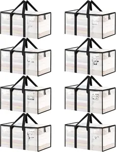 8 Pack Extra Large Heavy Duty Moving Bags Clear Storage Bins with Lids Reinforced Handles Zippers for Clothes Packing Dorms College Supplies