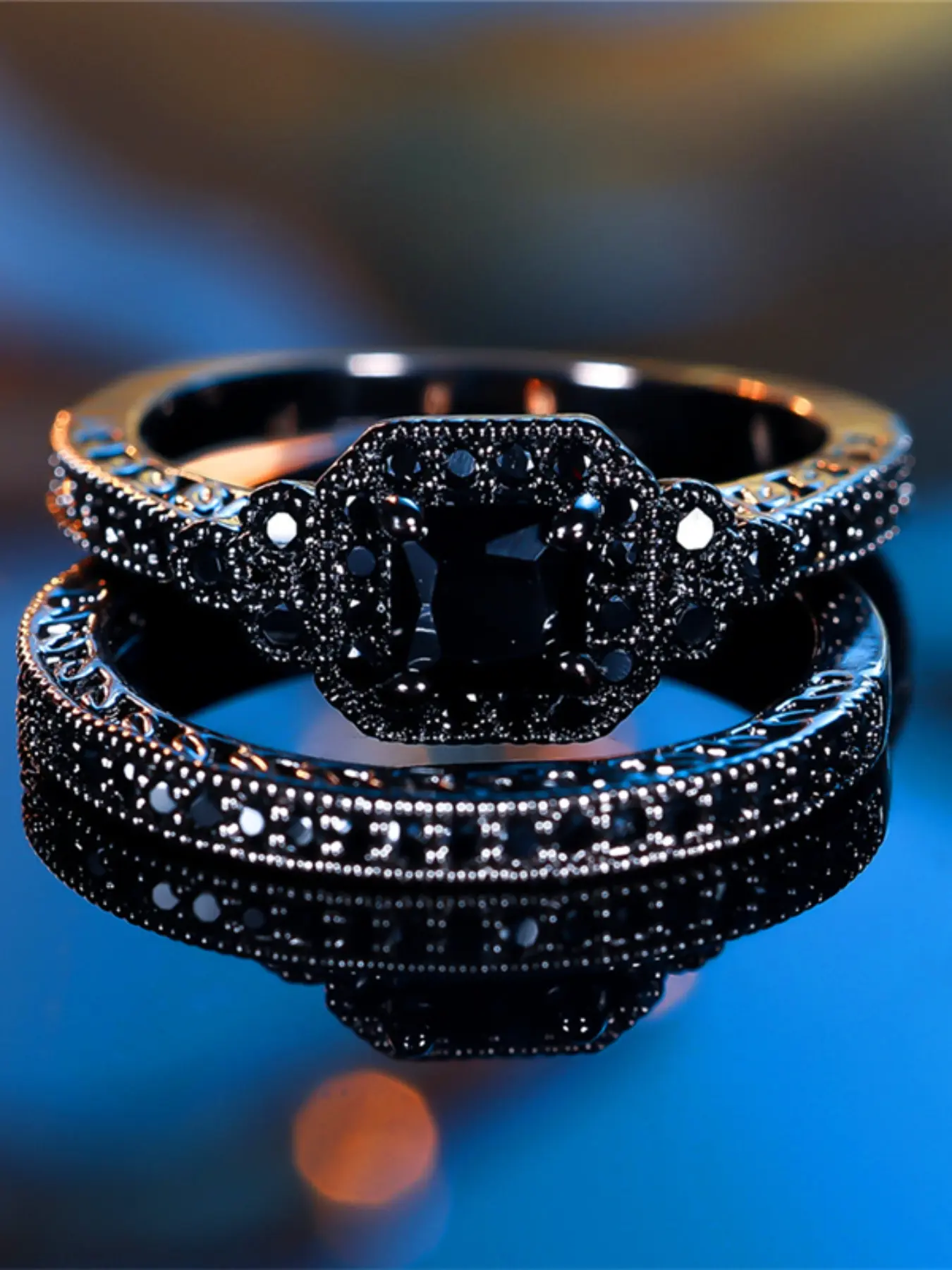 A black gold all-black synthetic zirconia ring set is fashionable, high-end and simple, suitable for women to wear during proposals, travels and daily life, Artificial Zircon Ring, Dark Aesthetic Rings, Beautiful Rings