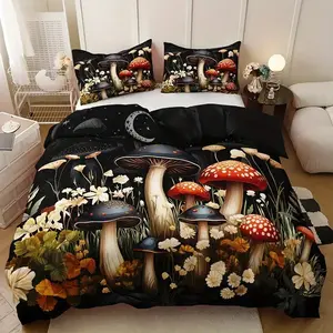 3pcs Mushroom & Floral Print Basketball Blanket Set, Soft Polyester Fabric, Zipper Design, Modern Style Bedding Essentials, Bedding Sets