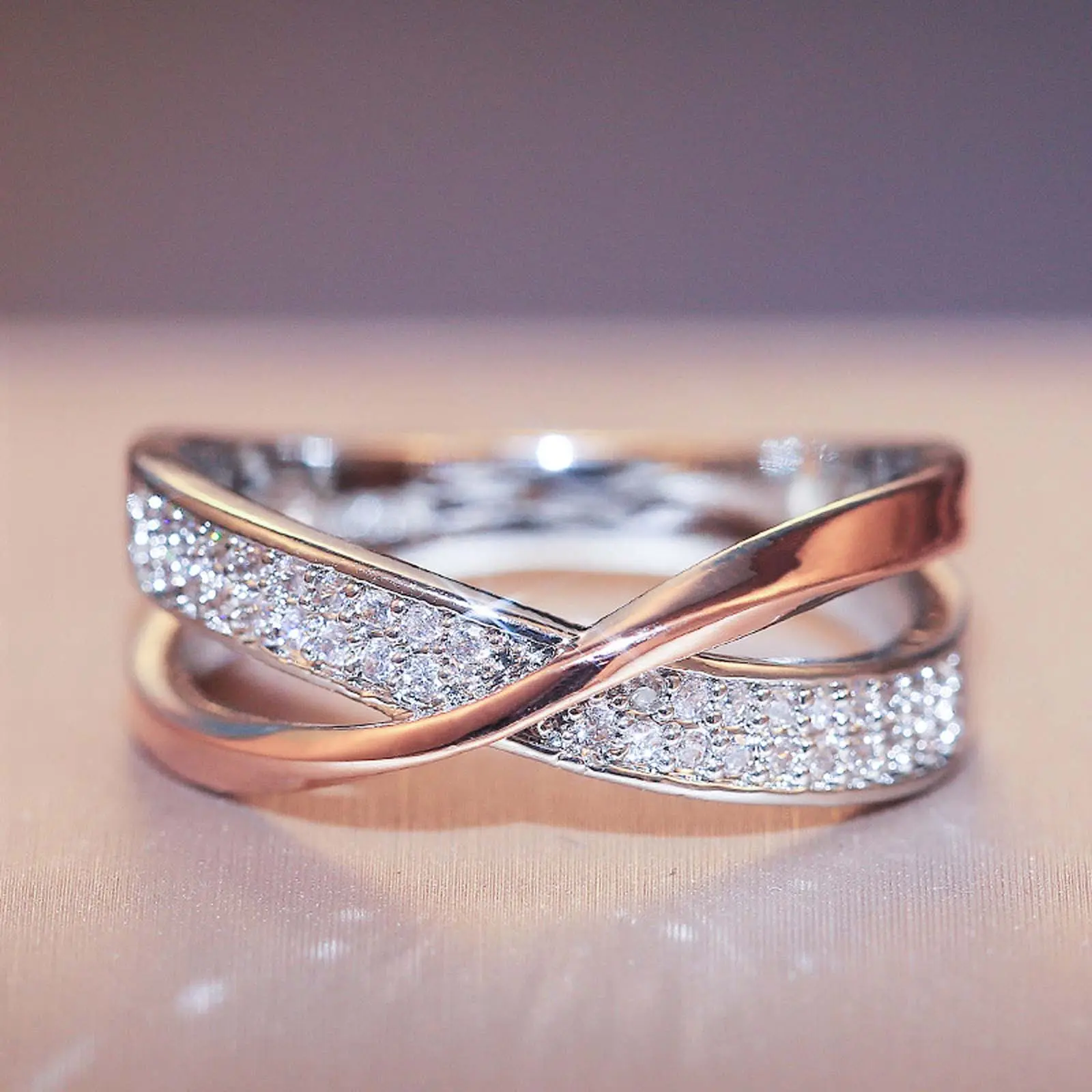 Zircon simple personality X-shaped two-color women's ring daily versatile couple anniversary gift engagement wedding jewelry