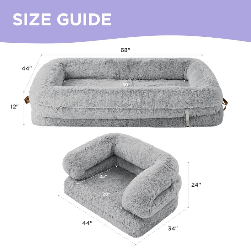 Lesure Luxury Warm Foldable 3-in-1 Flexible Giant Human Dog Bed Cozy Fluffy Faux Fur Lounge Sofa with Supportive Bolster Egg Foam Soft Plush Calming Orthopedic Bed for Winter Comfort Classic Lounge Sofa Options TikTokShopBlackFriday Choice