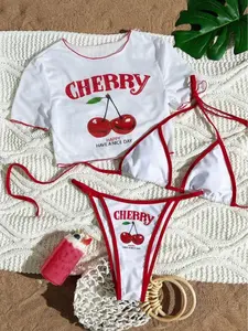 Cherry Print Three-Piece Bikini Set with Adjustable Straps Comfortable Fit for Beachwear White Red Accents Bohemian Floral Silk swimsuits Tankini Tummy Control Colorful Ice Cream Swim Shorts One Shoulder Ruffle Swimdress Skirt