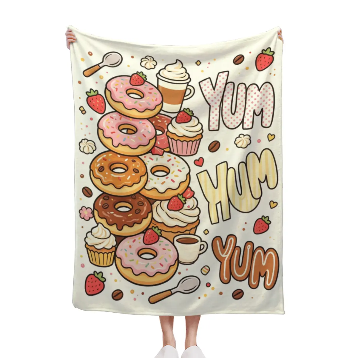 Donut Cupcake Sweet Dessert Yum Letter Throw Blanket, Sweet Treat Food Cartoon Fleece Blanket