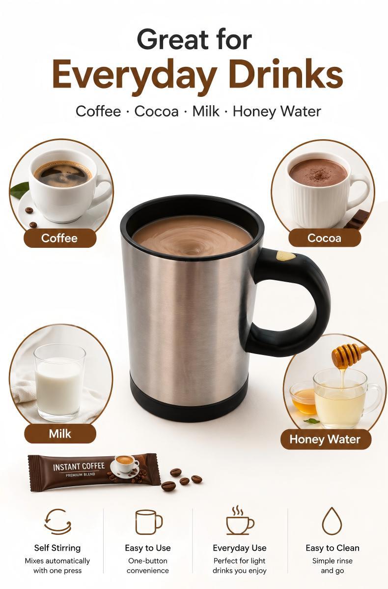 Battery-Powered Self-Stirring Mug, Automatic Mixing Cup for Coffee, Cocoa & Milk, 1Hz Gentle Mixing Drinkware for Office Use, Reusable Kitchenware, Reuse