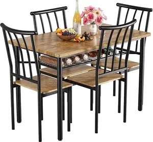 5-Piece Dining Table Set for 4, Modern Rectangular Kitchen Dining Table Furniture Set Breakfast Nook Table Set w/ 4 Chairs Dinette Table Sets with Wooden Table Tops and Metal Legs for Home