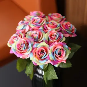 Artificial Rainbow Flowers, 12PCS Rainbow Roses Bouquet Roses Real Touch Flowers for Floral DIY Home Wedding Decor Party Garden Bridal Bouquets Decorations