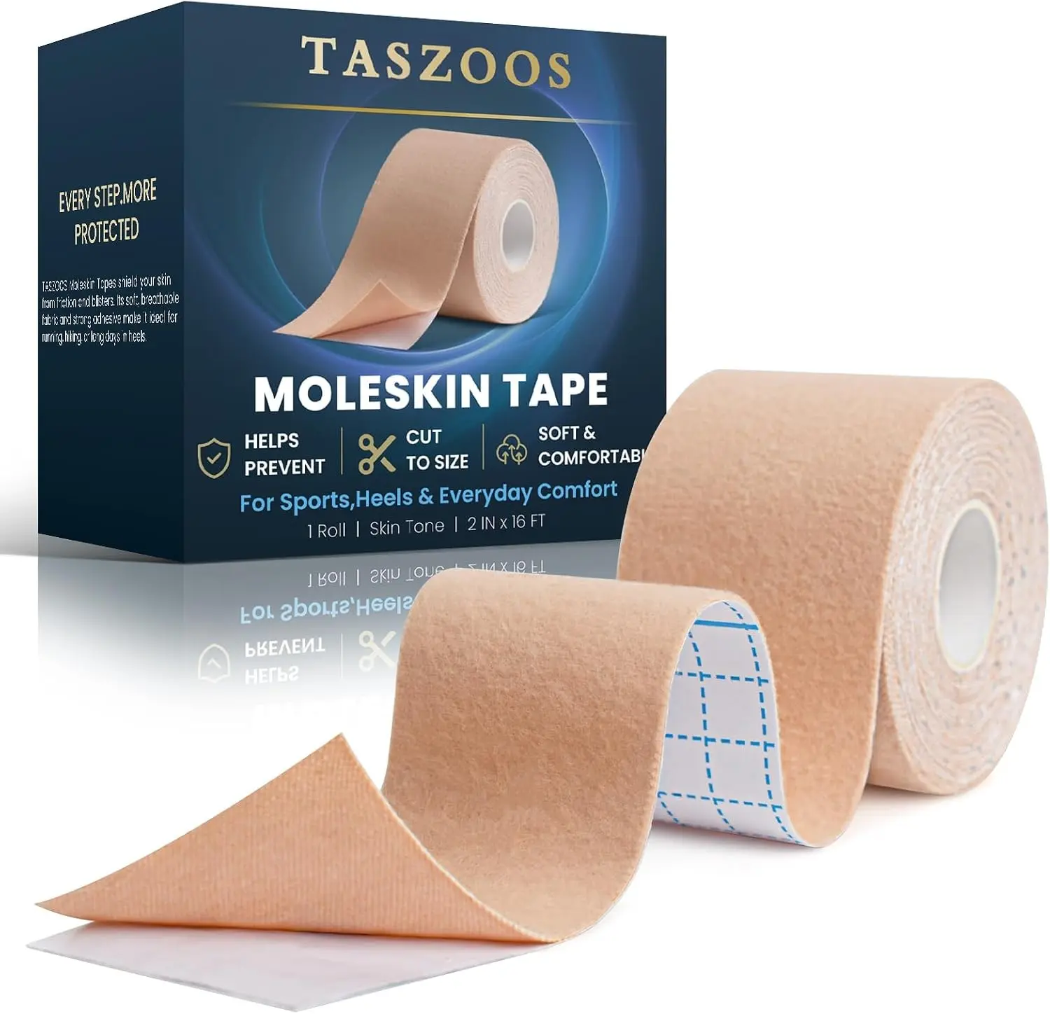 Moleskin Tape - 2in x 16ft Blister Prevention Tape & Moleskin for Feet | Moleskin for Blisters, Thin Moleskin Padding Roll, Water-Resistant, Blister Tape for Running, Hiking, Walking - Single Roll