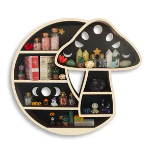 FNYDOX Gothic Wooden Mushroom Floating Shelf - Wall Organizer Shelf, Moon-Shaped Organiser for Crystal Rock Gem Stones, Trinkets - Gift for Mushroom Lovers