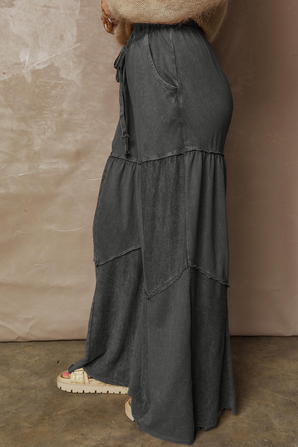 Women's High Waist Black Mineral Wash Wide Leg Pants Casual Patchwork Drawstring Shift Trousers Western Style Cotton Blend Women's High Waist Black Mineral Wash Wide Leg Pants Casual Patchwork Drawstring Shift Trousers Western Style Cotton Blend