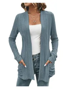 Women's Fall Long Sleeve Knit Cardigan, European Style Simple Pocket Design, Fashionable Shawl Collar Outerwear, Casual Wear, Knitwear