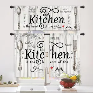 SoftHaven 3-Piece Black & White Farmhouse Kitchen Curtain Valance Set, Premium Polyester Rod Pocket Short Tiers with Rustic Fork & Spoon Print, Semi-Sheer Drapes for Farmhouse Home Decor, Kitchen Sink, Three Pieces