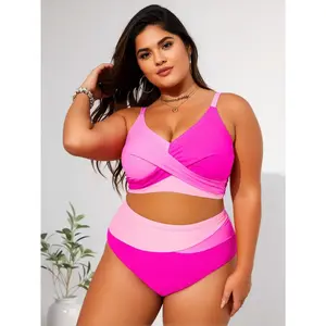Plus Size Pink Color Block 2 Piece Bikini Set, Twist Front High Waist Tummy Control Swimwear for Women, Color Block Twist Front High Waist Swimwear for Beach