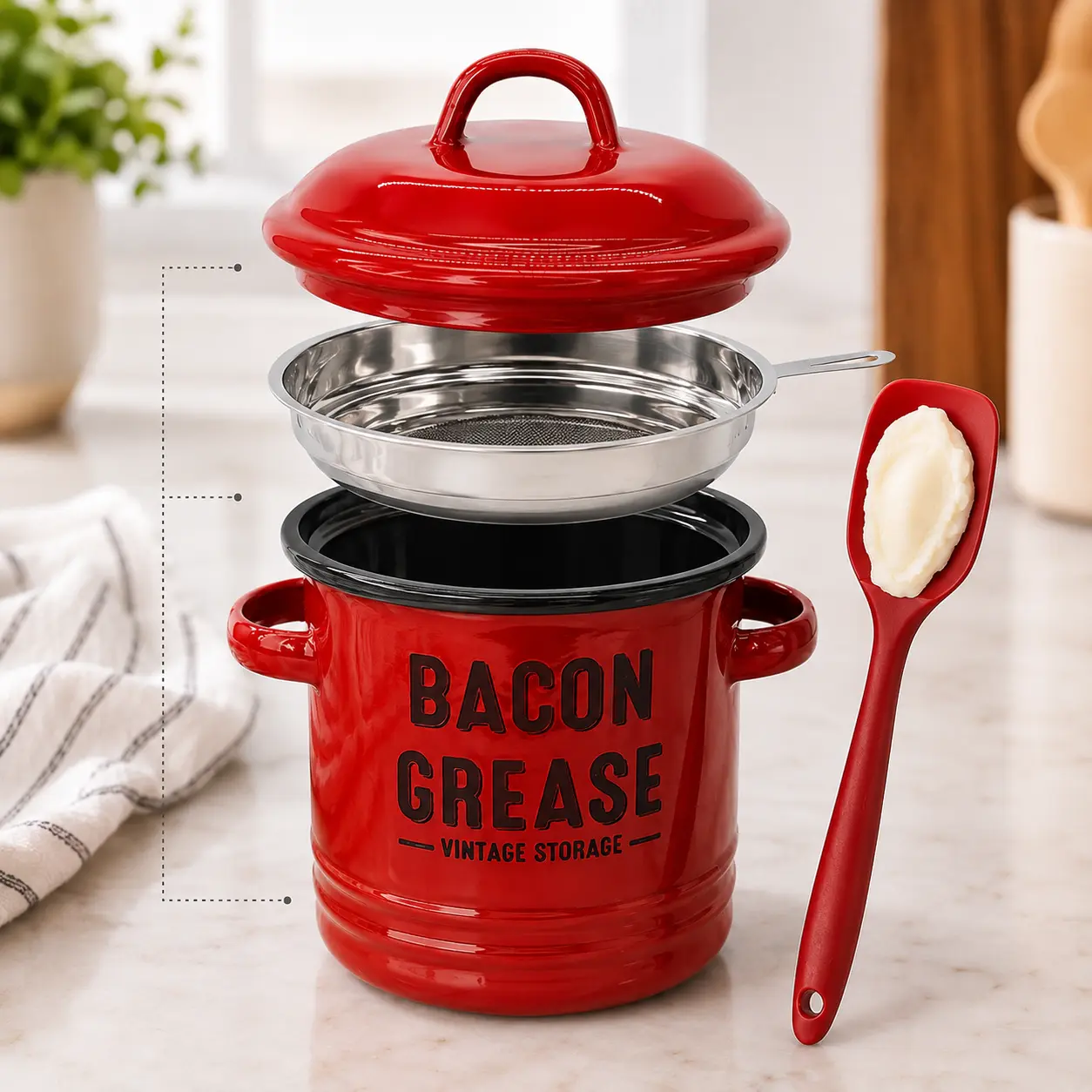 Red Bacon Grease Container with Strainer & Spatula, Vintage Grease Keeper Pot, Kitchen Oil Storage Can for Bacon Fat, Cooking Oil & Drippings