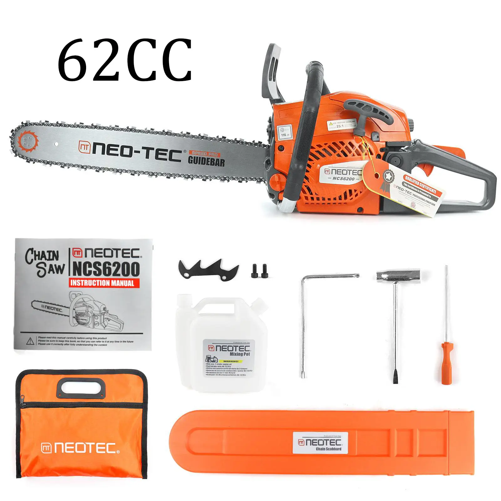 NEOTEC 58cc/62cc Gas-Powered Chainsaw with 25:1 Gas/Oil Mix NEOTEC 58cc/62cc Gas-Powered Chainsaw with 25:1 Gas/Oil Mix