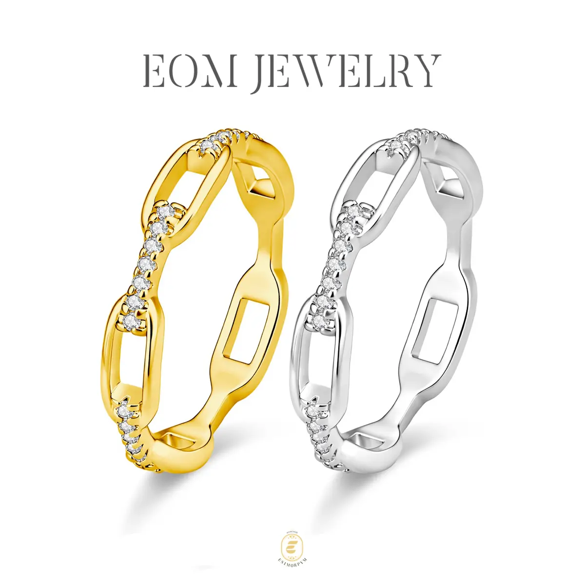 EOM 14K Gold Plated Moissanite Waterproof Hip Hop Unisex Chained Ring Silver-Plated Jewelry Perfect Birthday Engagement Wedding Anniversary Gift for Men Women