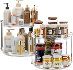 2-Tier Lazy Susan Turntable Organizer, 9.25"  Rotating Spice Rack, Stackable Spinning Storage for Kitchen Cabinet, Pantry, Bathroom Vanity & Medicine Cabinet，Clear